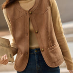 Casual Versatile Crew Neck Solid-Color Faux Leather Vest - liwisi