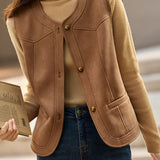 Casual Versatile Crew Neck Solid-Color Faux Leather Vest - liwisi