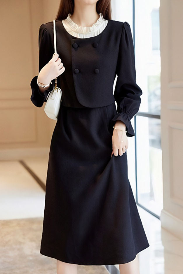 Casual Versatile Ruffled Crew Neck Fake Two-Piece Dress - liwisi