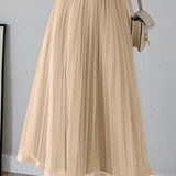 Casual Versatile Solid-Color Tulle Pleated Midi Skirt