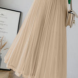 Casual Versatile Solid-Color Tulle Pleated Midi Skirt
