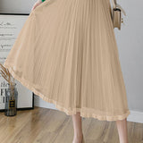 Casual Versatile Solid-Color Tulle Pleated Midi Skirt