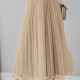 Casual Versatile Solid-Color Tulle Pleated Midi Skirt
