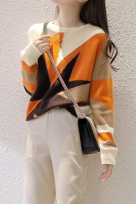 Casual Versatile Crew Neck Asymmetric Color-Block Knitted Top - liwisi