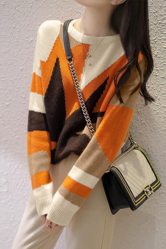 Casual Versatile Crew Neck Asymmetric Color-Block Knitted Top - liwisi