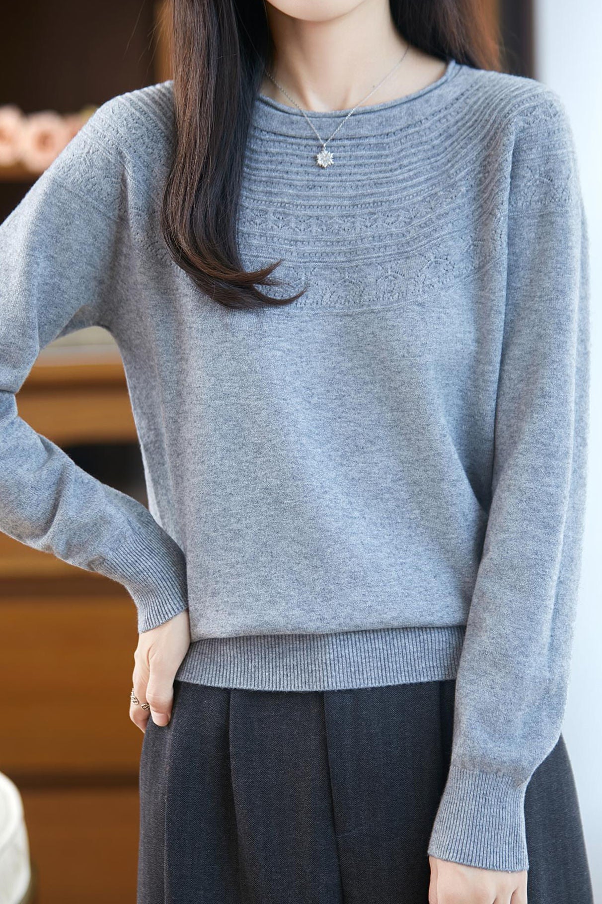 Casual Versatile Crew Neck Ribbed Hollow-Out Sweater - liwisi