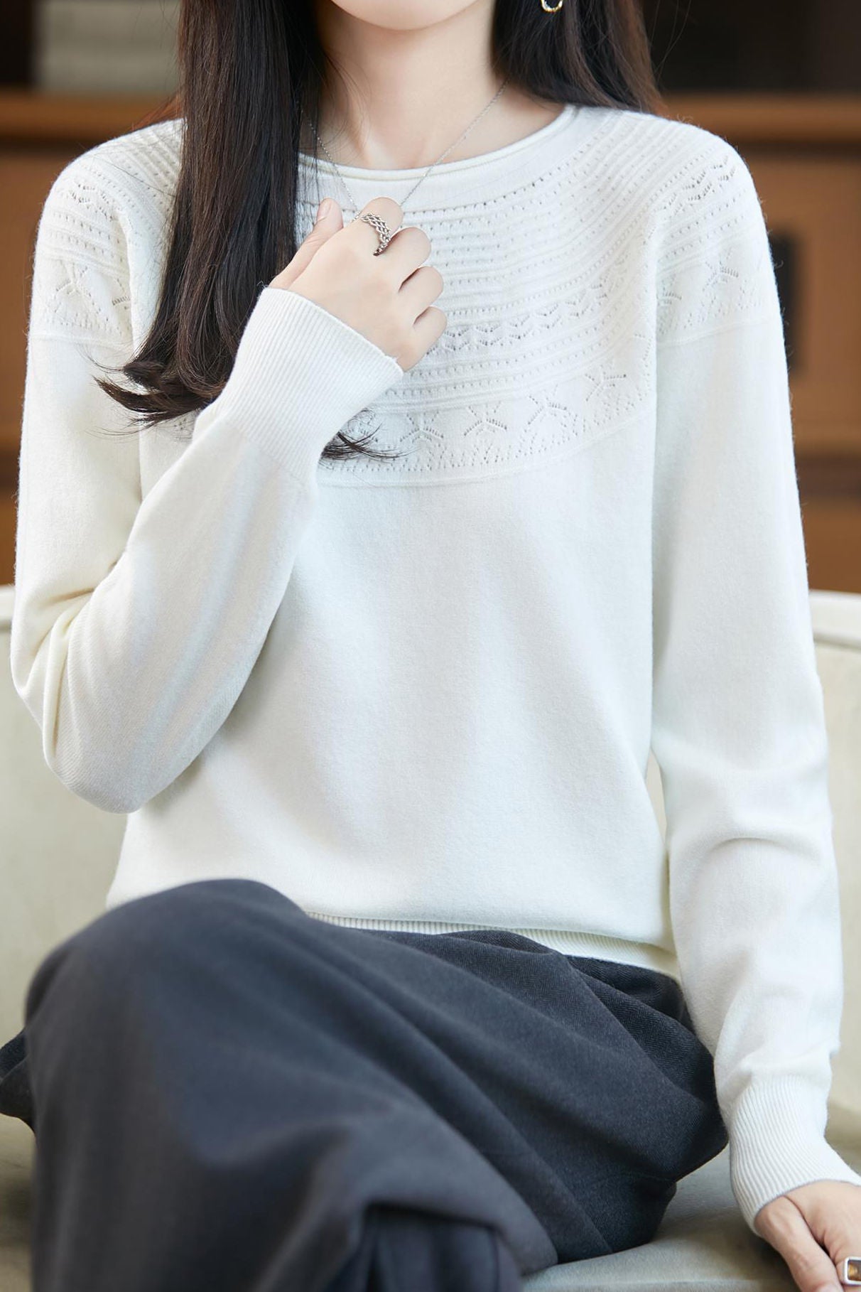 Casual Versatile Crew Neck Ribbed Hollow-Out Sweater - liwisi