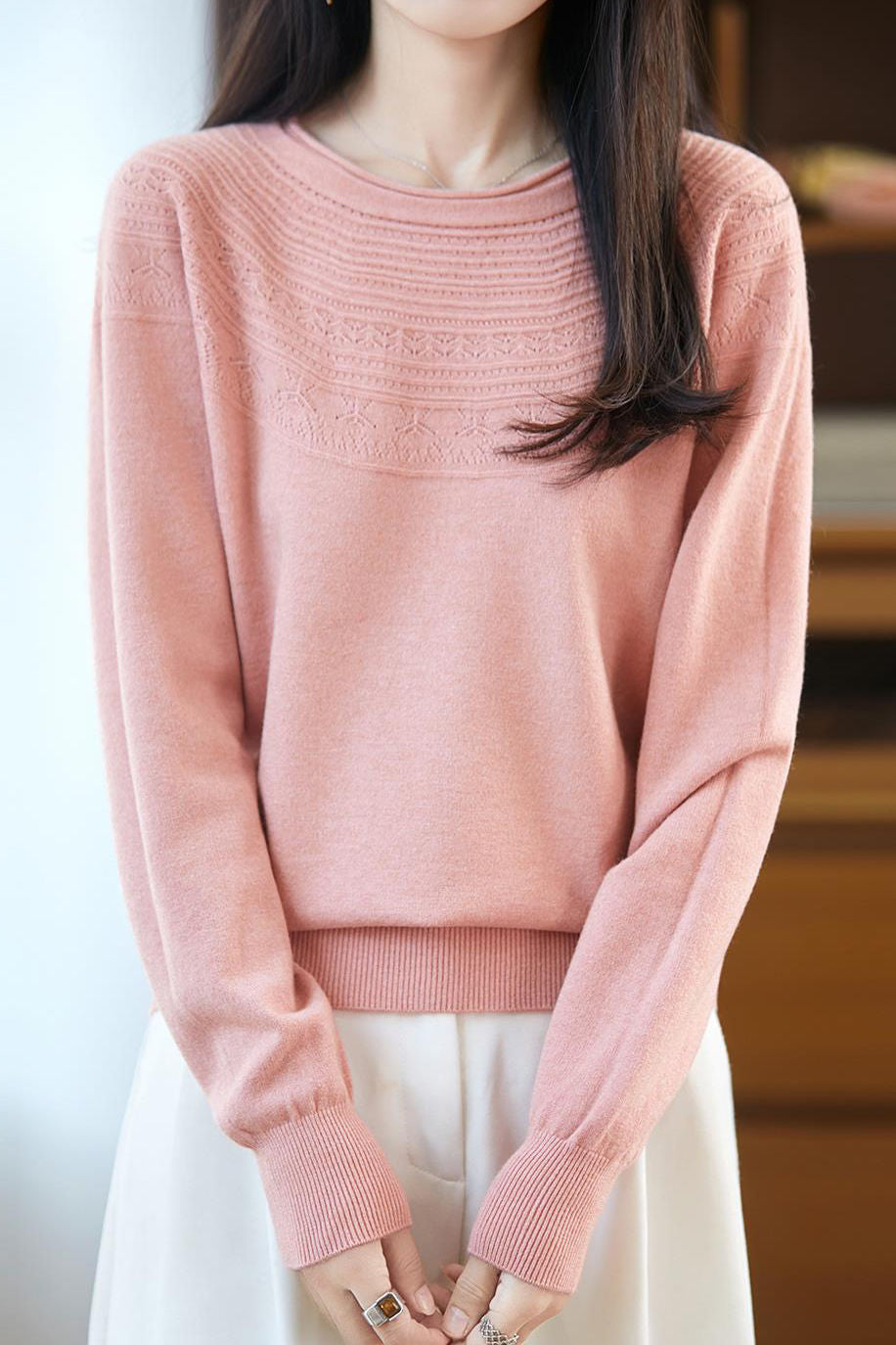Casual Versatile Crew Neck Ribbed Hollow-Out Sweater - liwisi