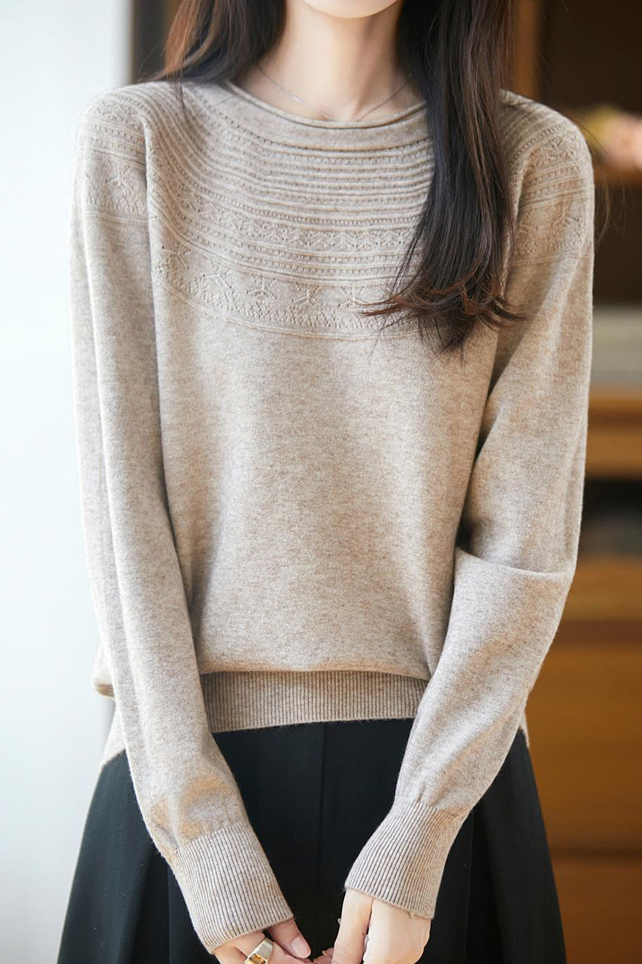 Casual Versatile Crew Neck Ribbed Hollow-Out Sweater - liwisi