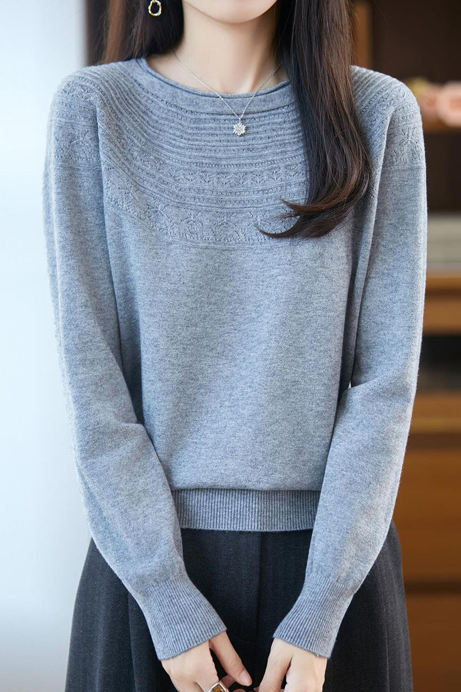 Casual Versatile Crew Neck Ribbed Hollow-Out Sweater - liwisi