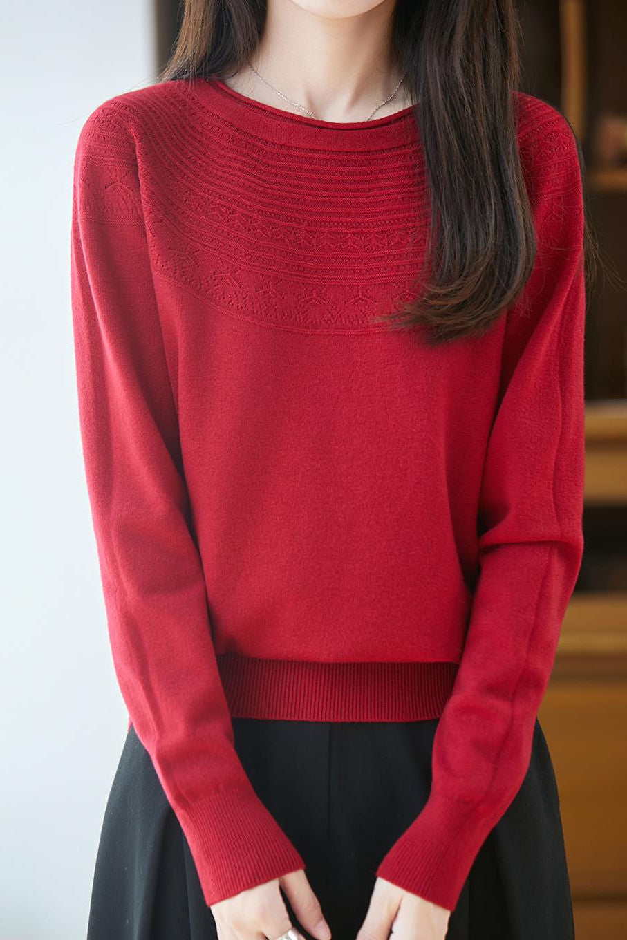 Casual Versatile Crew Neck Ribbed Hollow-Out Sweater - liwisi