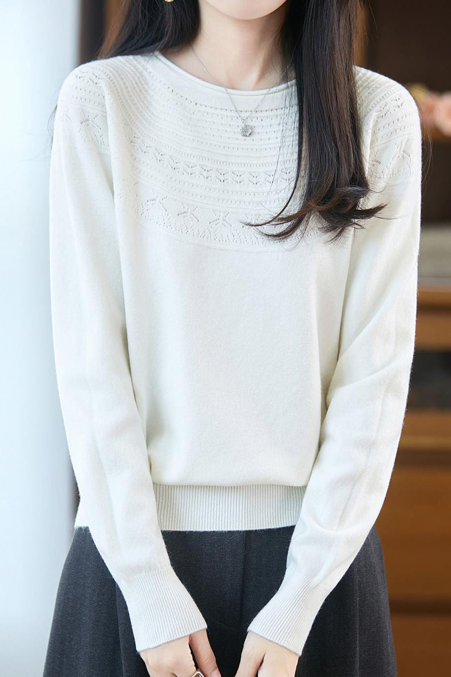Casual Versatile Crew Neck Ribbed Hollow-Out Sweater - liwisi