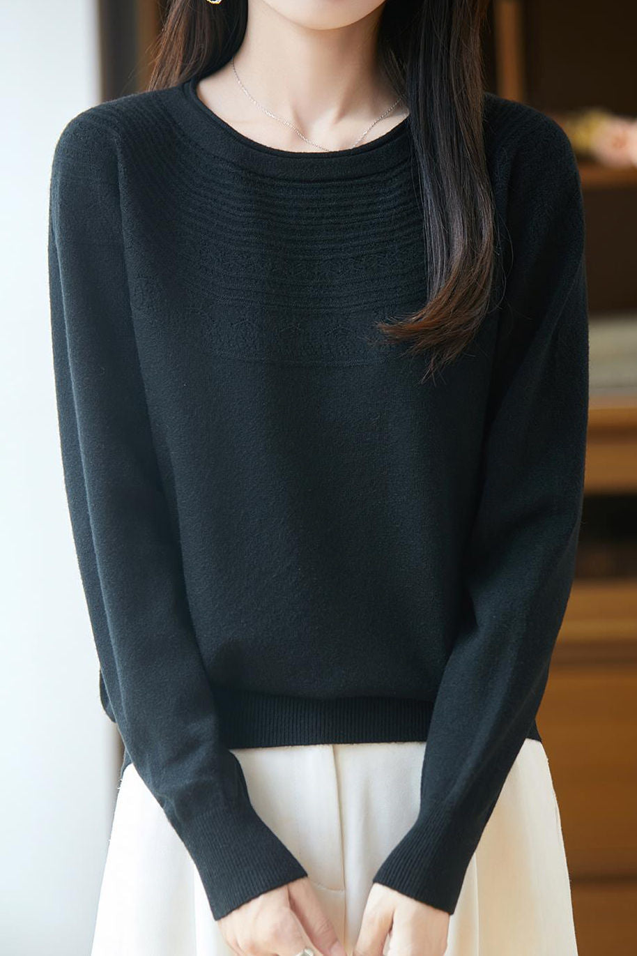 Casual Versatile Crew Neck Ribbed Hollow-Out Sweater - liwisi