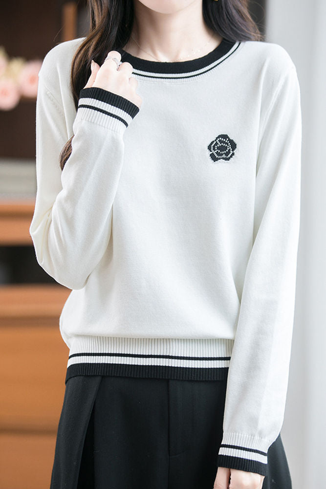 Casual Versatile Crew Neck Color-Block Floral Sweater - liwisi