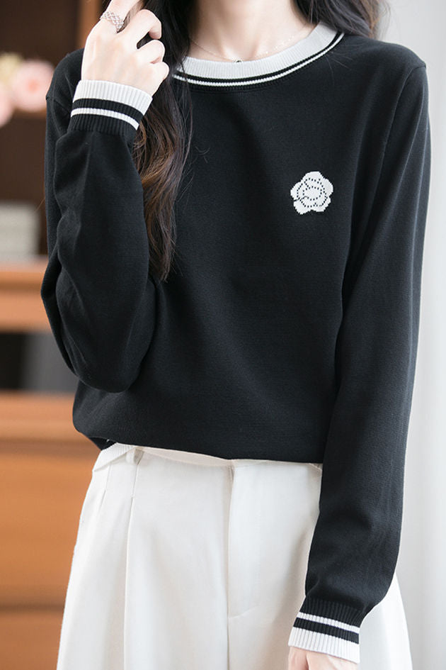 Casual Versatile Crew Neck Color-Block Floral Sweater - liwisi