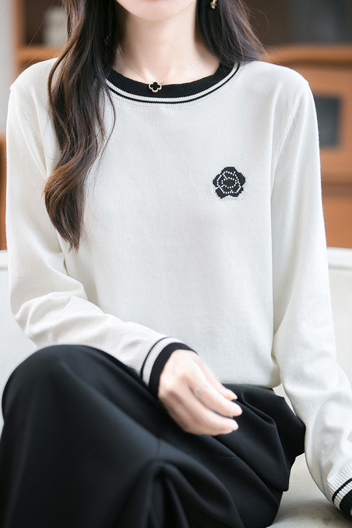 Casual Versatile Crew Neck Color-Block Floral Sweater - liwisi