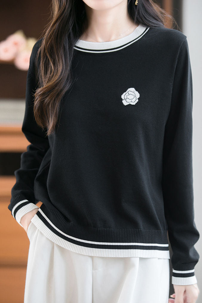 Casual Versatile Crew Neck Color-Block Floral Sweater - liwisi