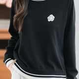 Casual Versatile Crew Neck Color-Block Floral Sweater - liwisi
