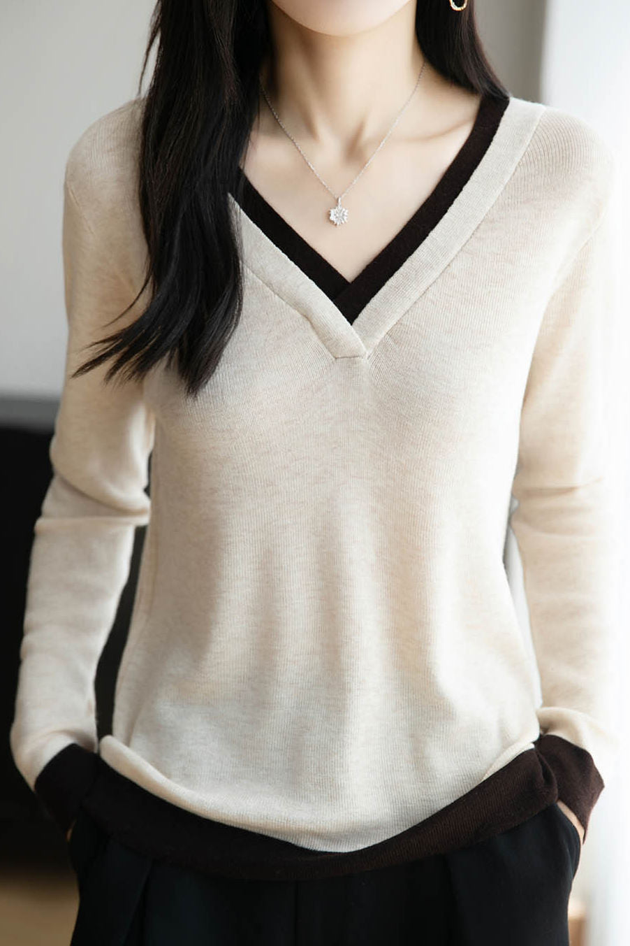Casual Versatile V-Neck Color-Block Sweater - liwisi