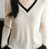 Casual Versatile V-Neck Color-Block Sweater - liwisi