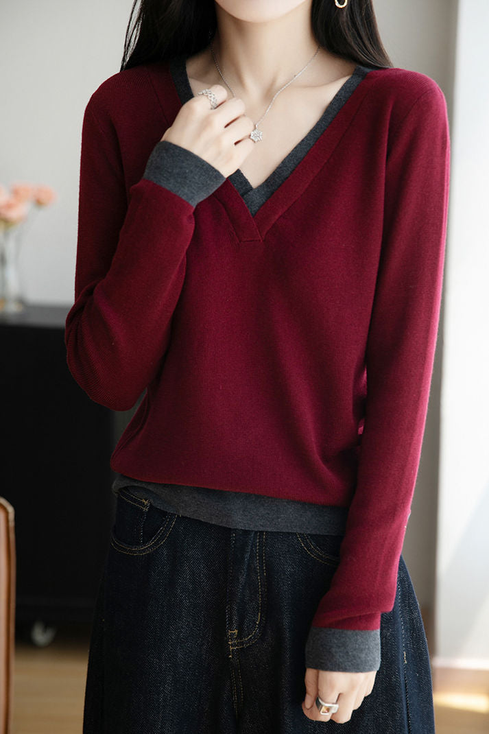 Casual Versatile V-Neck Color-Block Sweater - liwisi