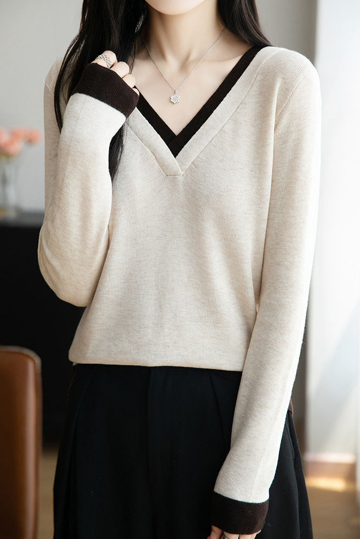 Casual Versatile V-Neck Color-Block Sweater - liwisi