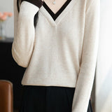 Casual Versatile V-Neck Color-Block Sweater - liwisi