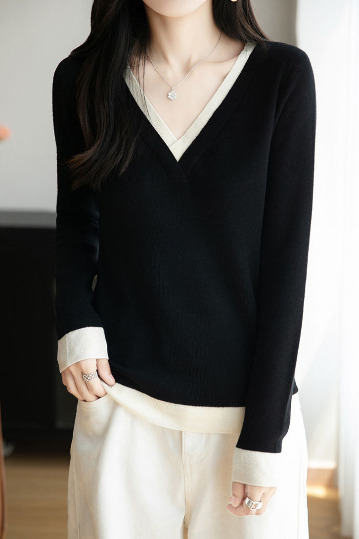Casual Versatile V-Neck Color-Block Sweater - liwisi