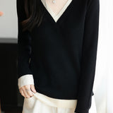 Casual Versatile V-Neck Color-Block Sweater - liwisi
