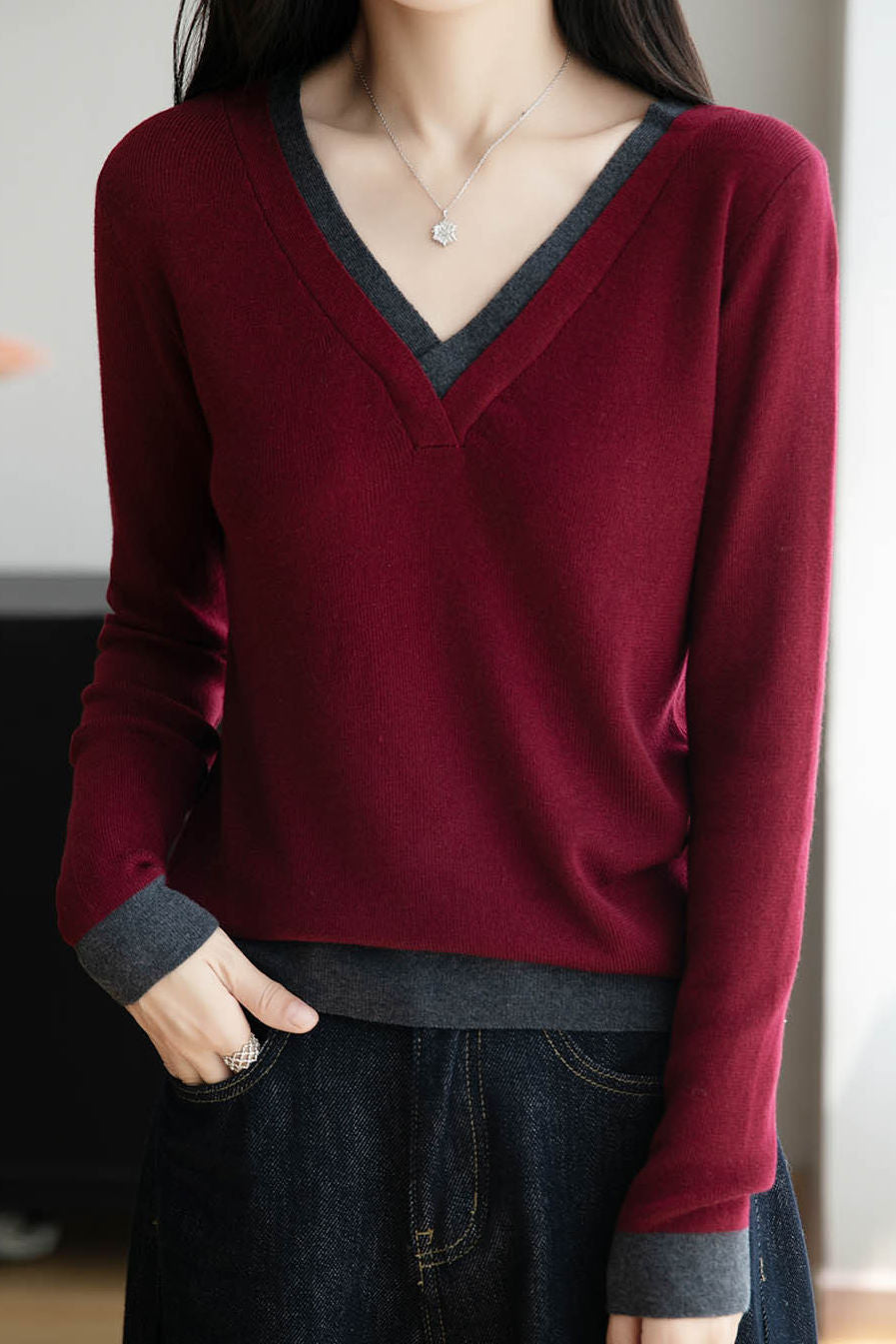 Casual Versatile V-Neck Color-Block Sweater - liwisi