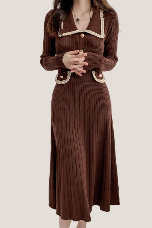 Elegant Temperament Slim-Fit Gold Thread Wheat Ear Trim Dress - liwisi