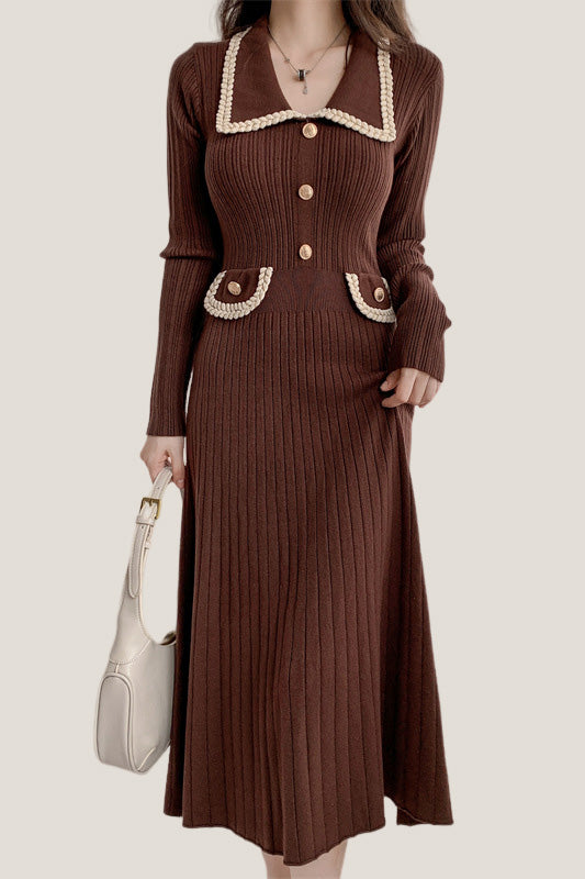 Elegant Temperament Slim-Fit Gold Thread Wheat Ear Trim Dress - liwisi