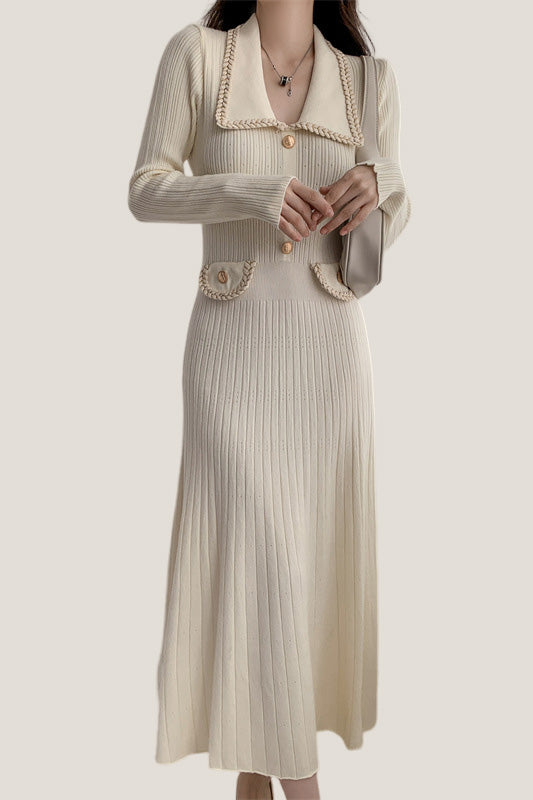 Elegant Temperament Slim-Fit Gold Thread Wheat Ear Trim Dress - liwisi