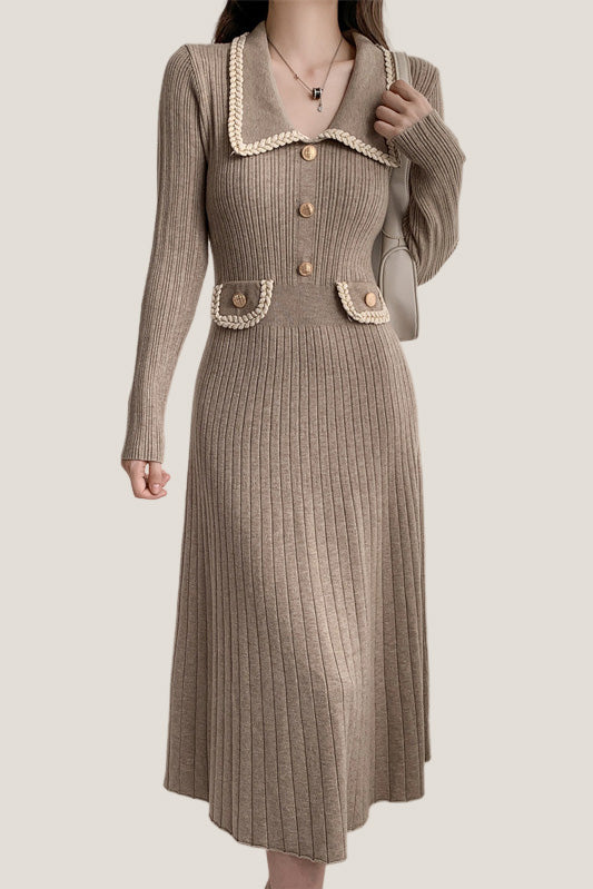 Elegant Temperament Slim-Fit Gold Thread Wheat Ear Trim Dress - liwisi