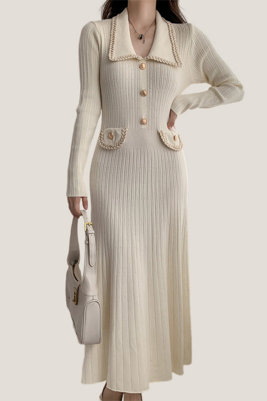 Elegant Temperament Slim-Fit Gold Thread Wheat Ear Trim Dress - liwisi