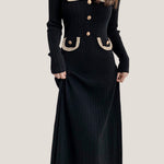 Elegant Temperament Slim-Fit Gold Thread Wheat Ear Trim Dress - liwisi