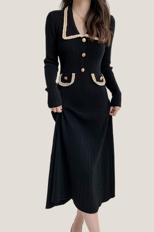 Elegant Temperament Slim-Fit Gold Thread Wheat Ear Trim Dress - liwisi