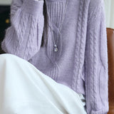 Casual Versatile Solid-Color Crew Neck Pullover Cable-Knit Sweater