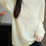 Casual Versatile Solid-Color Crew Neck Pullover Cable-Knit Sweater
