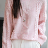 Casual Versatile Solid-Color Crew Neck Pullover Cable-Knit Sweater