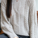 Casual Versatile Solid-Color Crew Neck Pullover Cable-Knit Sweater