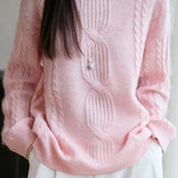 Casual Versatile Solid-Color Crew Neck Pullover Cable-Knit Sweater