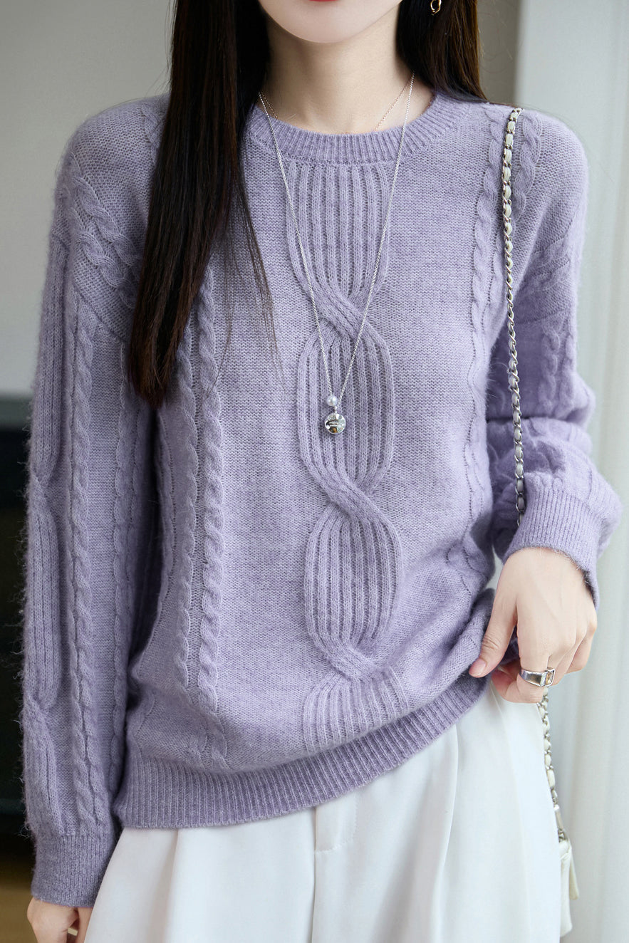 Casual Versatile Solid-Color Crew Neck Pullover Cable-Knit Sweater - liwisi