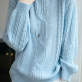 Casual Versatile Solid-Color Crew Neck Pullover Cable-Knit Sweater