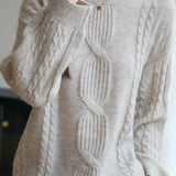 Casual Versatile Solid-Color Crew Neck Pullover Cable-Knit Sweater