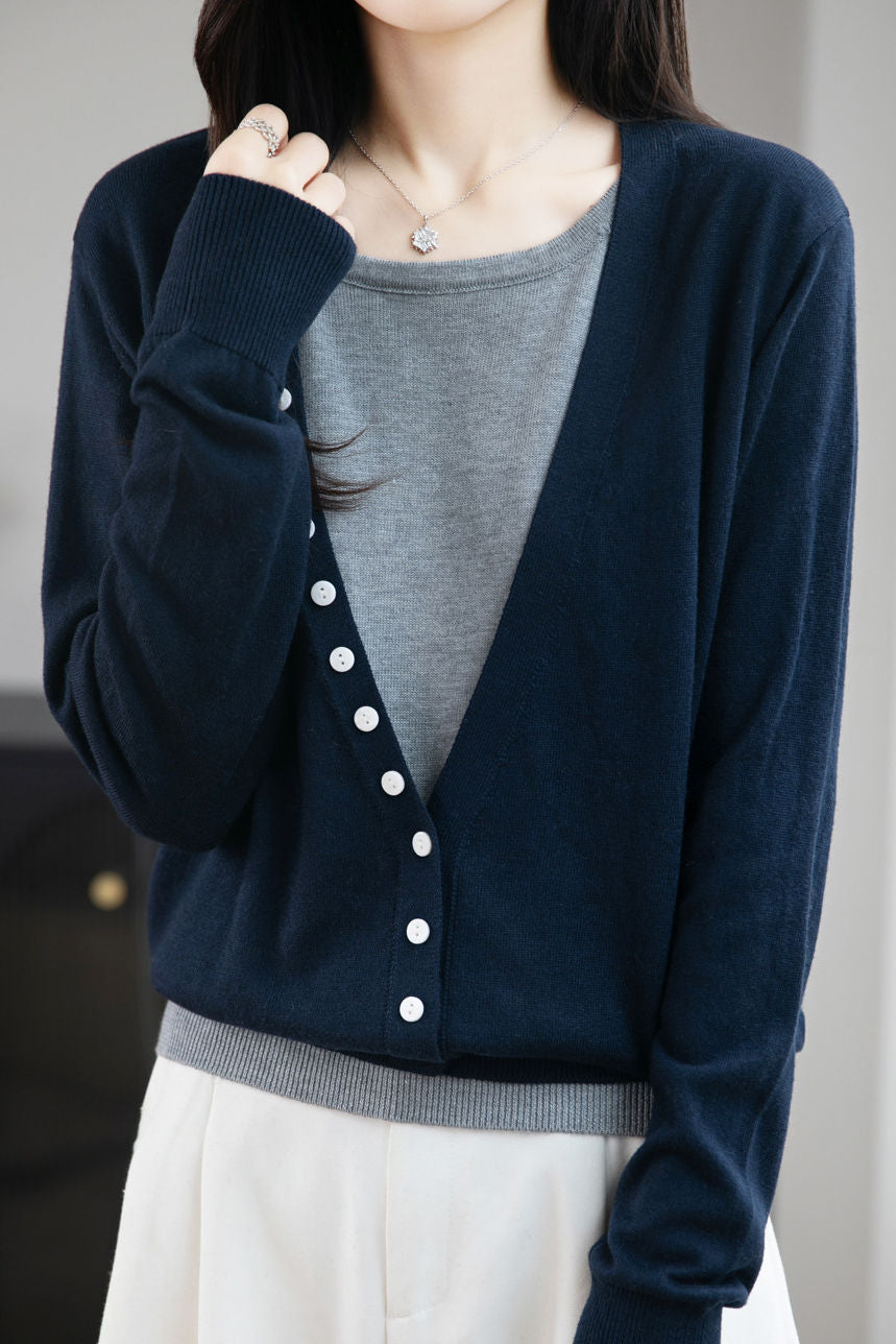 Casual Versatile Paneled Color-Block Fake Two-Piece Knitted Top - liwisi