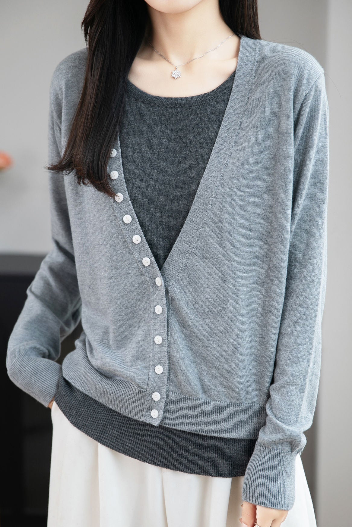 Casual Versatile Paneled Color-Block Fake Two-Piece Knitted Top - liwisi