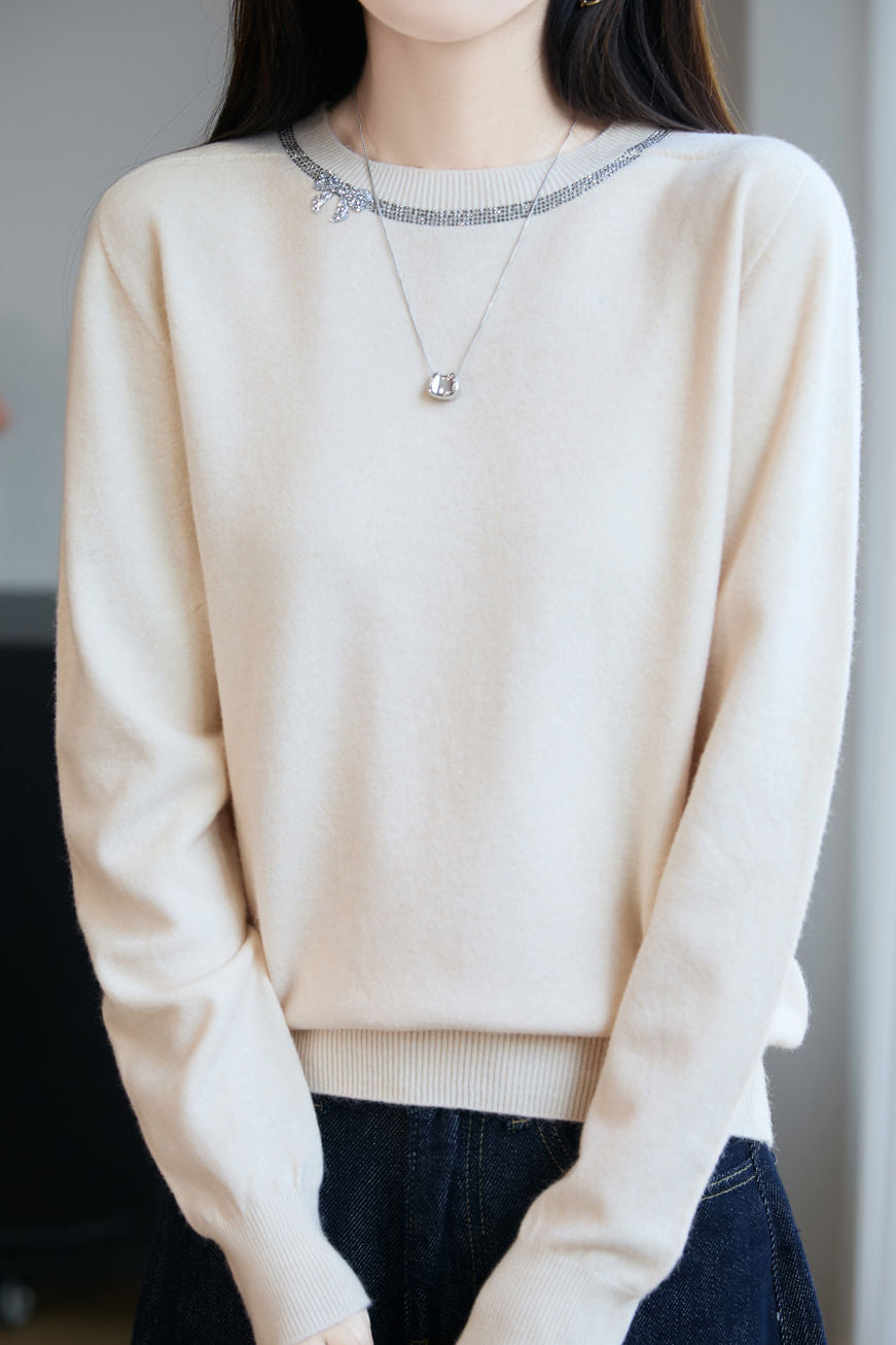 Casual Versatile Solid-Color Rhinestone Sweater - liwisi