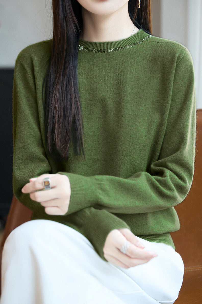 Casual Versatile Solid-Color Rhinestone Sweater - liwisi