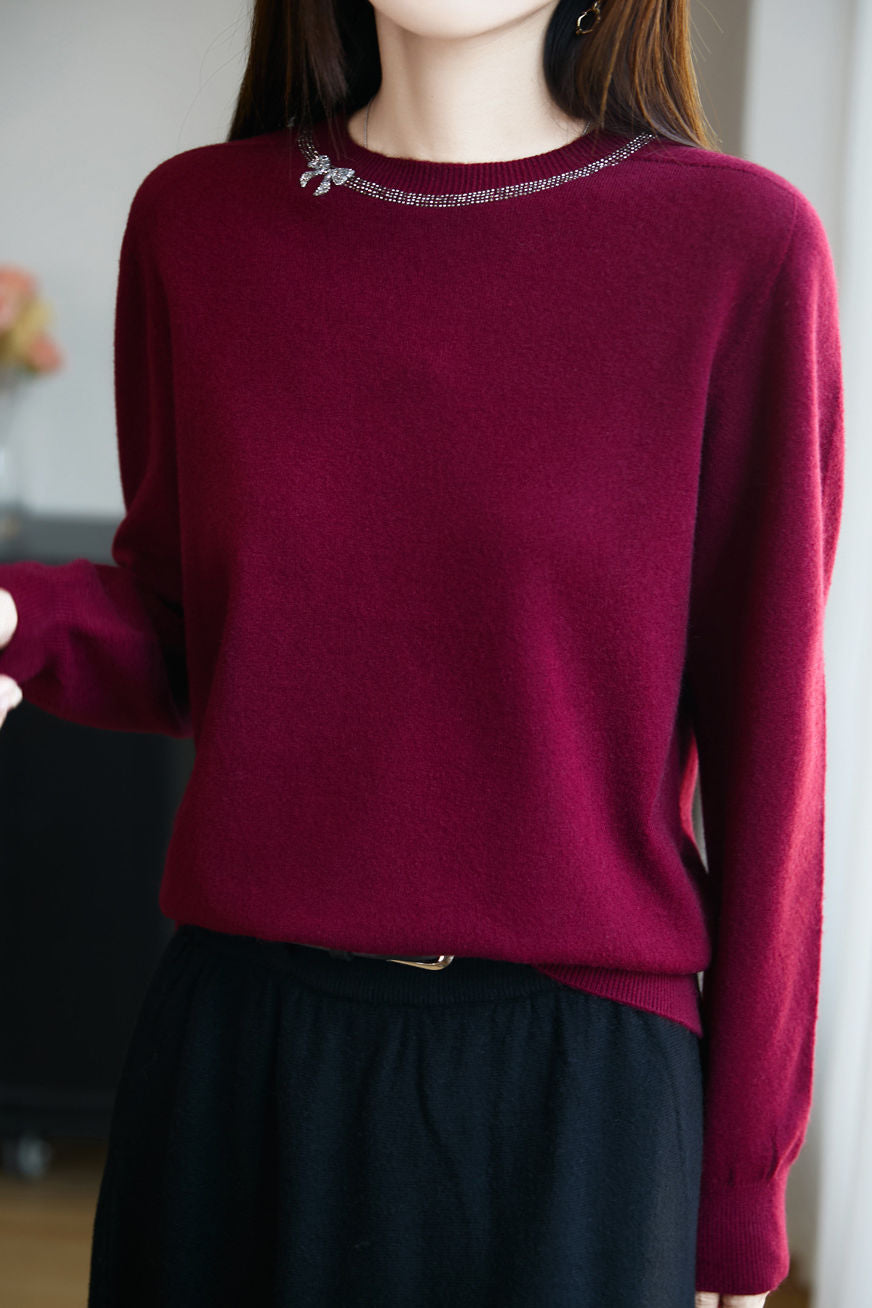 Casual Versatile Solid-Color Rhinestone Sweater - liwisi